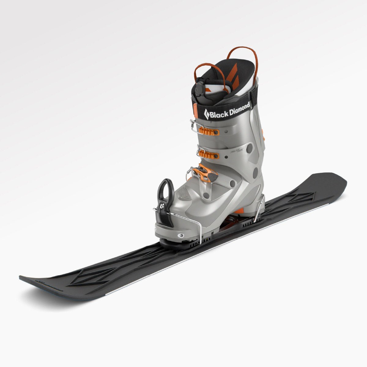 Skiblades Pair of black skis with bindings on a white background and with ski boot