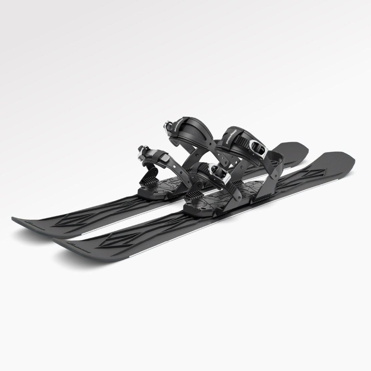 Skiblades Pair of black skis with snowboardi bindings on a white background