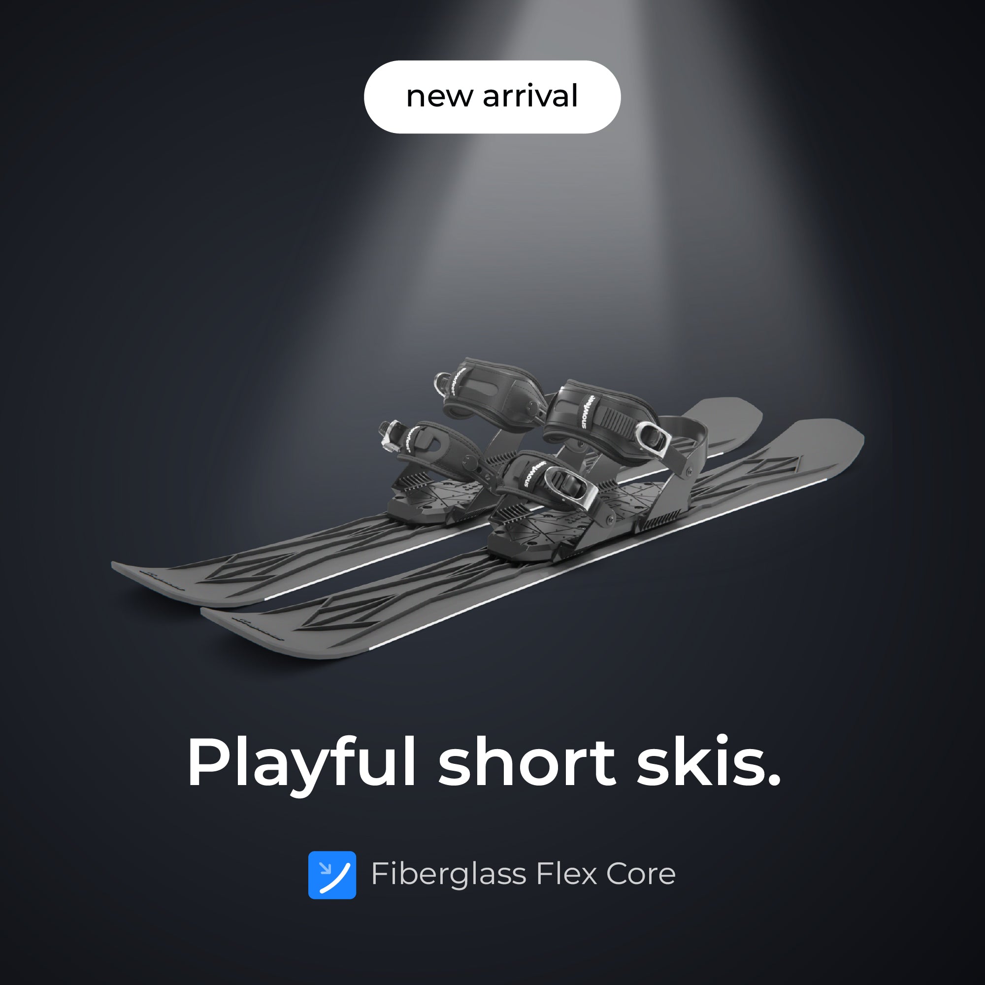 Skiblades Pair of short skis with bindings on a dark background, labeled 'new arrival' and 'playful short skies'.