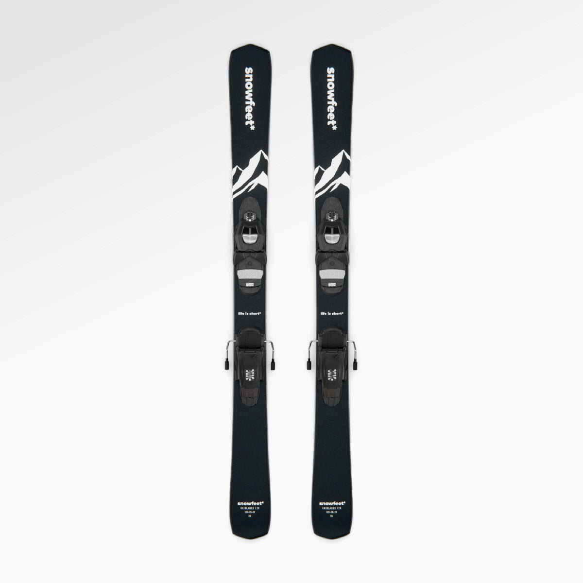 Skiblades Skiboards Snowblades Short Mini Skis - snowfeet* 120 CM, Product photo, wood core skis, pro ski binding, black mountain color.