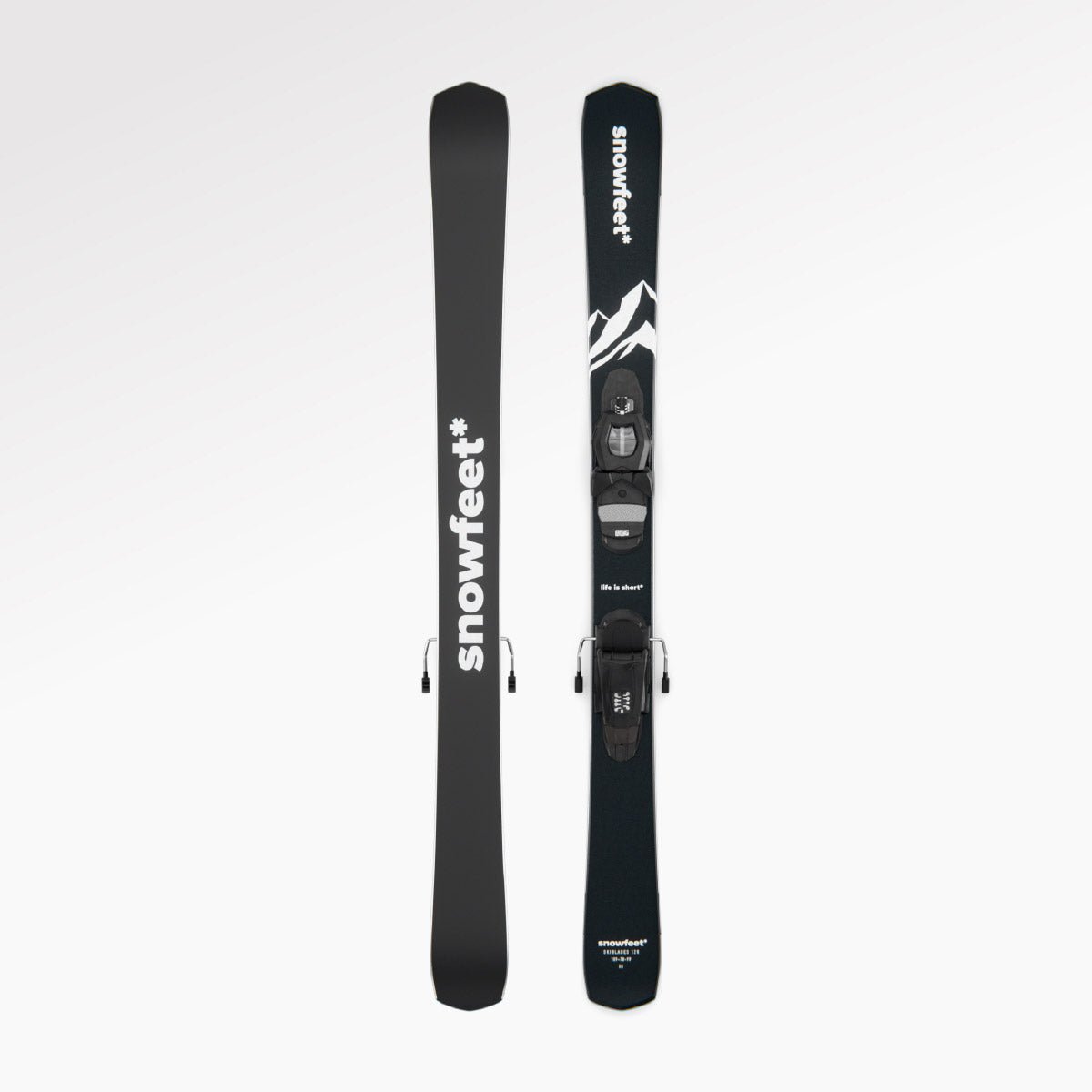 Skiblades Skiboards Snowblades Short Mini Skis - snowfeet* 120 CM, Product photo, wood core skis, pro ski binding, black mountain color.