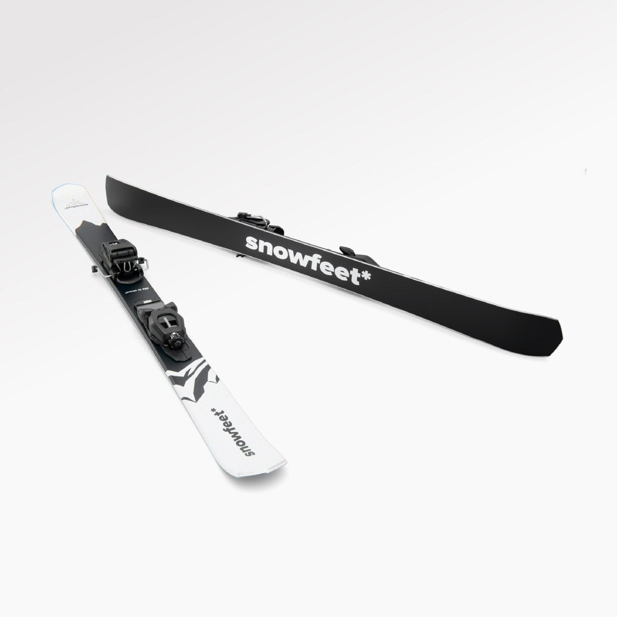 Black and white ski with bindings on a white background.
Skiboards Snowblades Short Mini Skis - snowfeet* 120 CM, Product photo, wood core skis, pro ski binding, white mountain color.