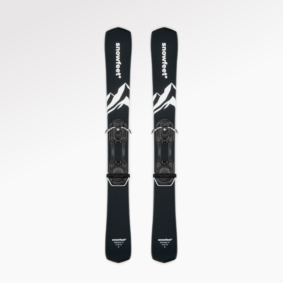 Skiblades Skiboards Snowblades Short Mini Skis - snowfeet* 99CM. Product photo, wood core skis,pro ski binding, black mountain color. #Model_Snowfeet 99 CM#Binding_Pro Ski#Color_Black|Mountain Black#TopDown