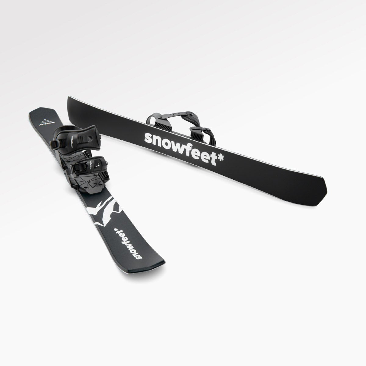 Skiblades_Skiboards Snowblades Short Mini Skis - snowfeet* 99CM. Product photo, wood core skis, snowboard binding, black mountain color.
#Binding_Snowboard#Color_Black|Mountain Black