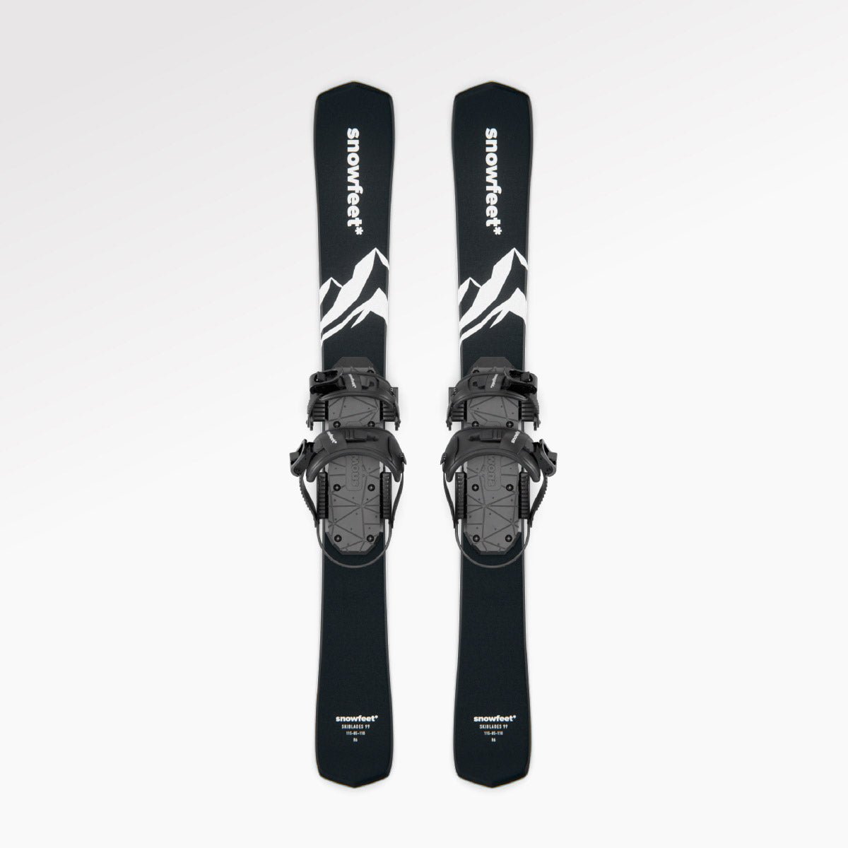 Skiblades Skiboards Snowblades Short Mini Skis - snowfeet* 99CM. Product photo, wood core skis, snowboard binding, black mountain color. #Model_Snowfeet 99 CM#Binding_Snowboard#Color_Black|Mountain Black#TopDown