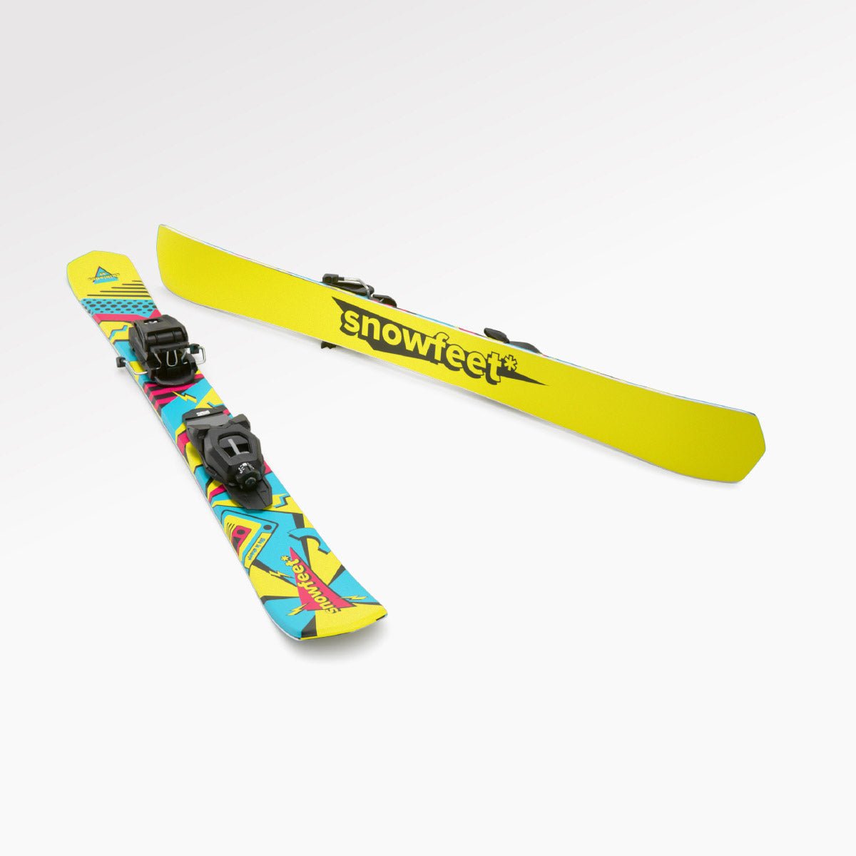 Skiblades Skiboards Snowblades Short Mini Skis - snowfeet* 99CM. Product photo, wood core skis, pro ski binding, retro color.
#Binding_Pro Ski#Color_Retro