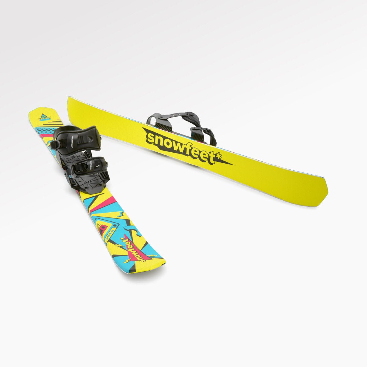 Skiblades Skiboards Snowblades Short Mini Skis - snowfeet* 99CM. Product photo, wood core skis, snowboard binding, retro color.
#Binding_Snowboard#Color_Retro