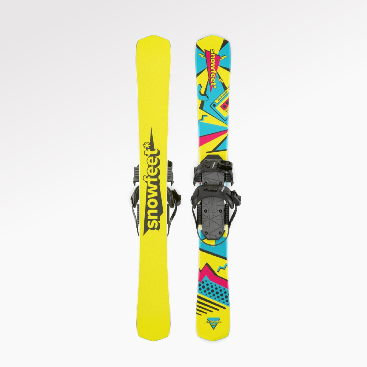 Skiblades Skiboards Snowblades Short Mini Skis - snowfeet* 99CM. Product photo, wood core skis, snowboard binding, retro color.
#Binding_Snowboard#Color_Retro