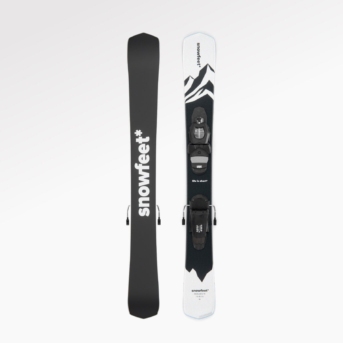 Skiblades Skiboards Snowblades Short Mini Skis - snowfeet* 99CM. Product photo, wood core skis, pro ski binding, white mountain color.
#Binding_Pro Ski#Color_White|Mountain White