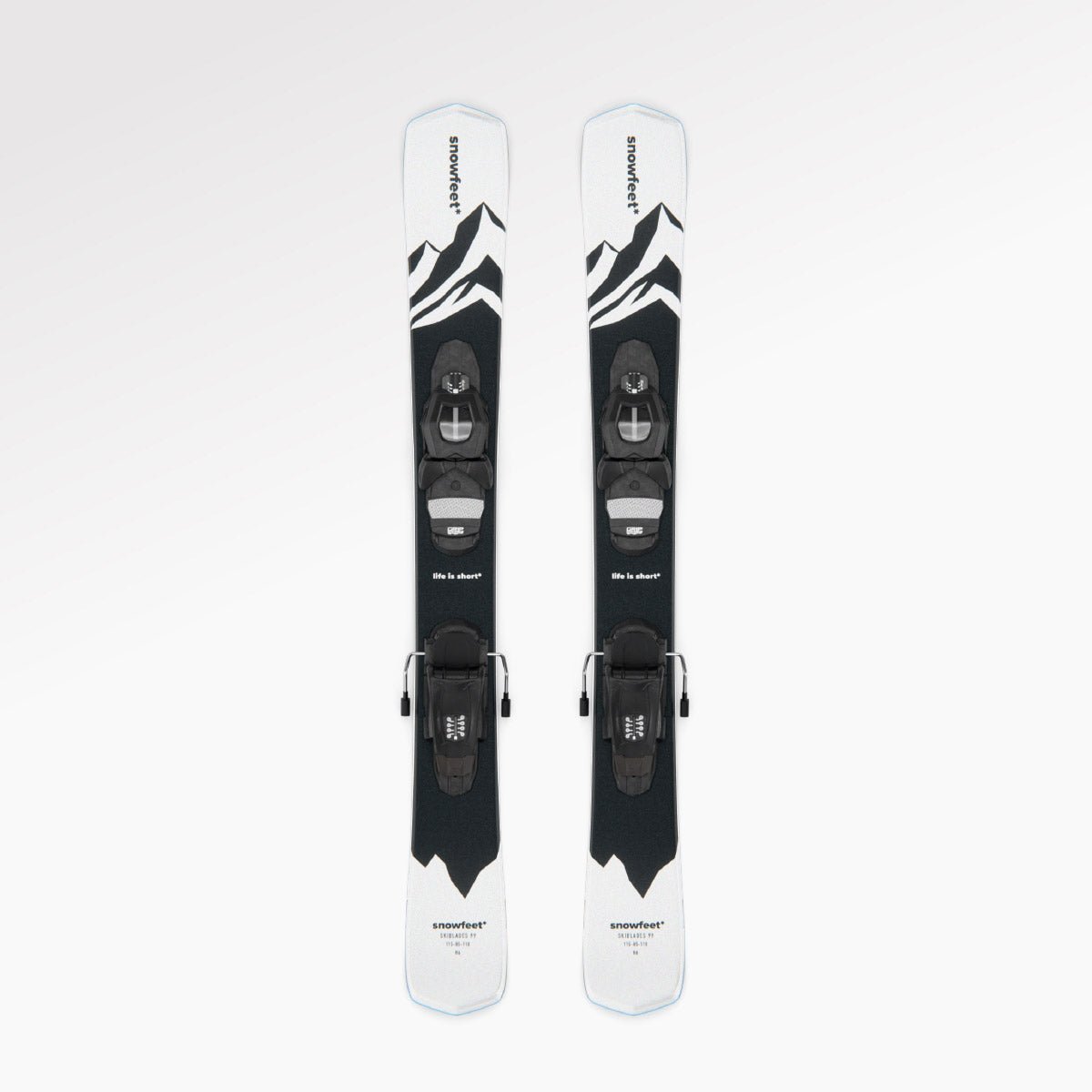 Skiblades Skiboards Snowblades Short Mini Skis - snowfeet* 99CM. Product photo, wood core skis, pro ski binding, white mountain color. #Model_Snowfeet 99 CM#Binding_Pro Ski#Color_White|Mountain White#TopDown