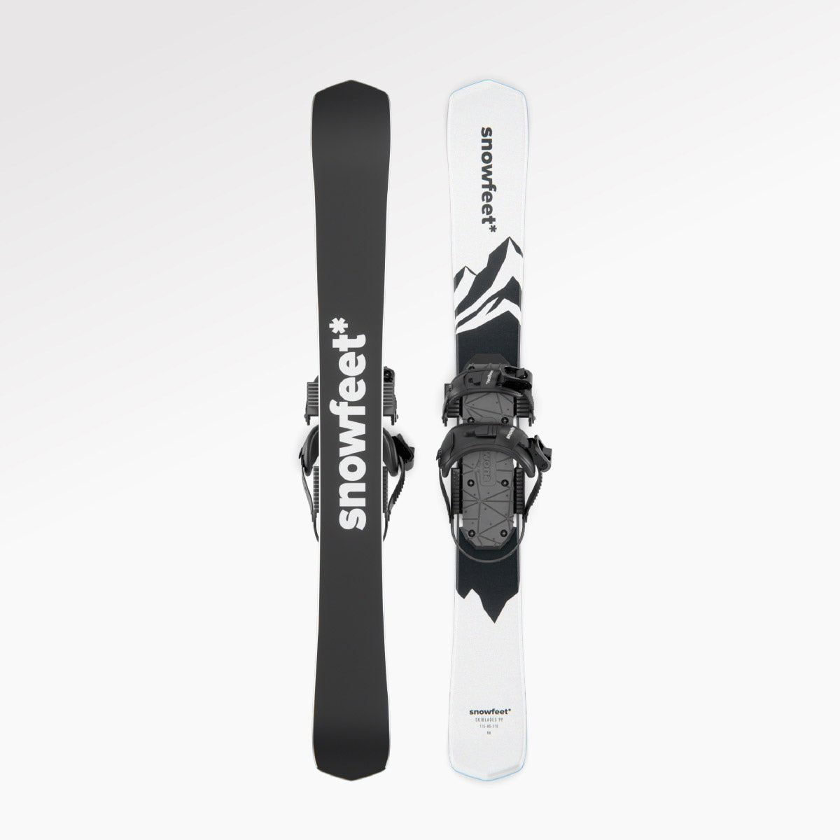 Skiblades Skiboards Snowblades Short Mini Skis - snowfeet* 99CM. Product photo, wood core skis, snowboard binding, white mountain color.
#Binding_Snowboard#Color_White|Mountain White