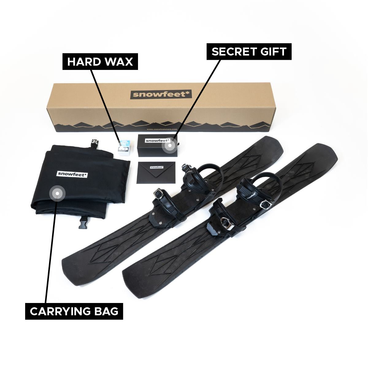 Skiblades Snowfeet 100 unboxed photo. Equipment set with hard wax, carrying bag, and 'secret gift' labeled on a white background.