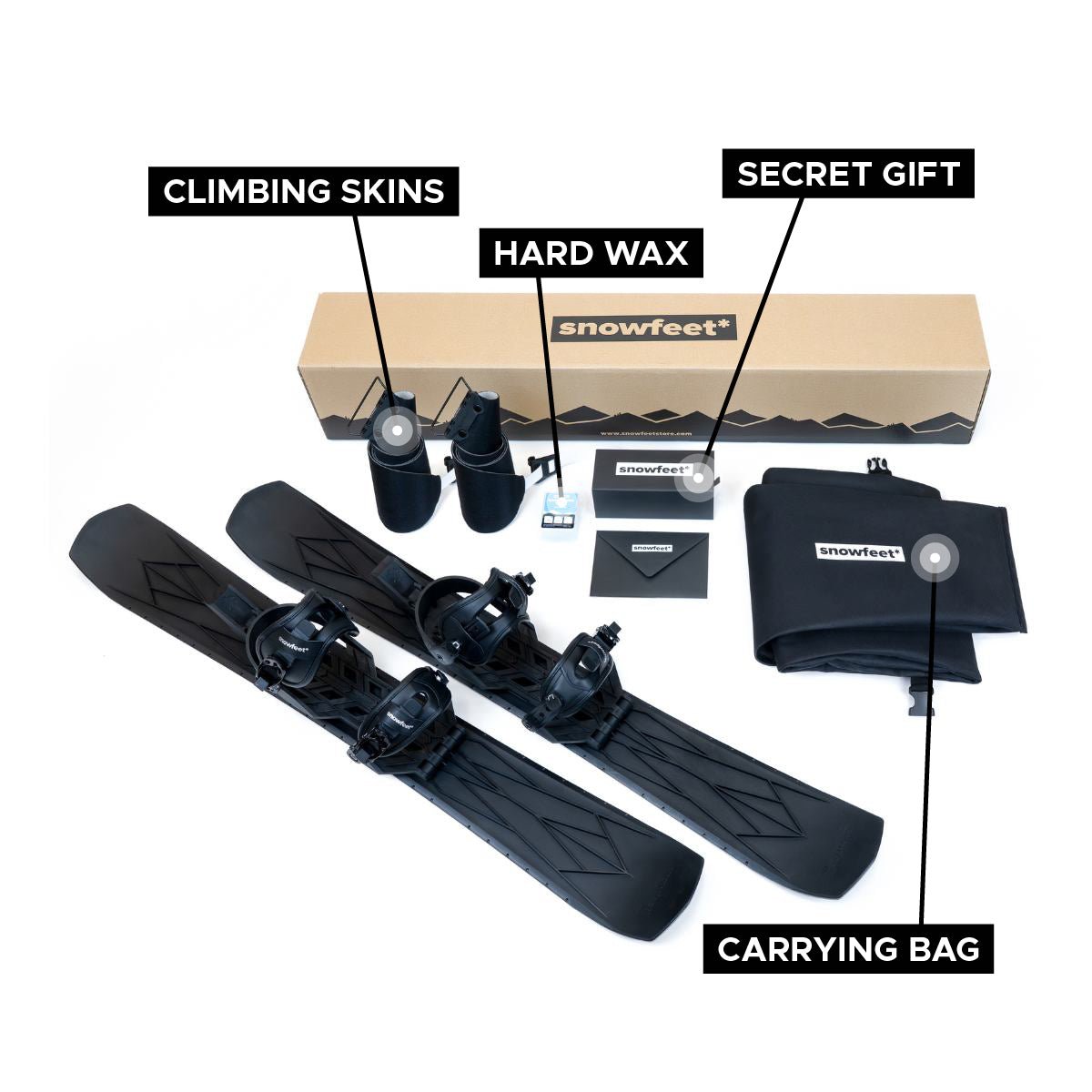 Skiblades Snowfeet walkski unboxed photo. Fiberglass reinforced polamid version. Equipment set with climbing skins, hard wax, carrying bag, and branded box on a white background.