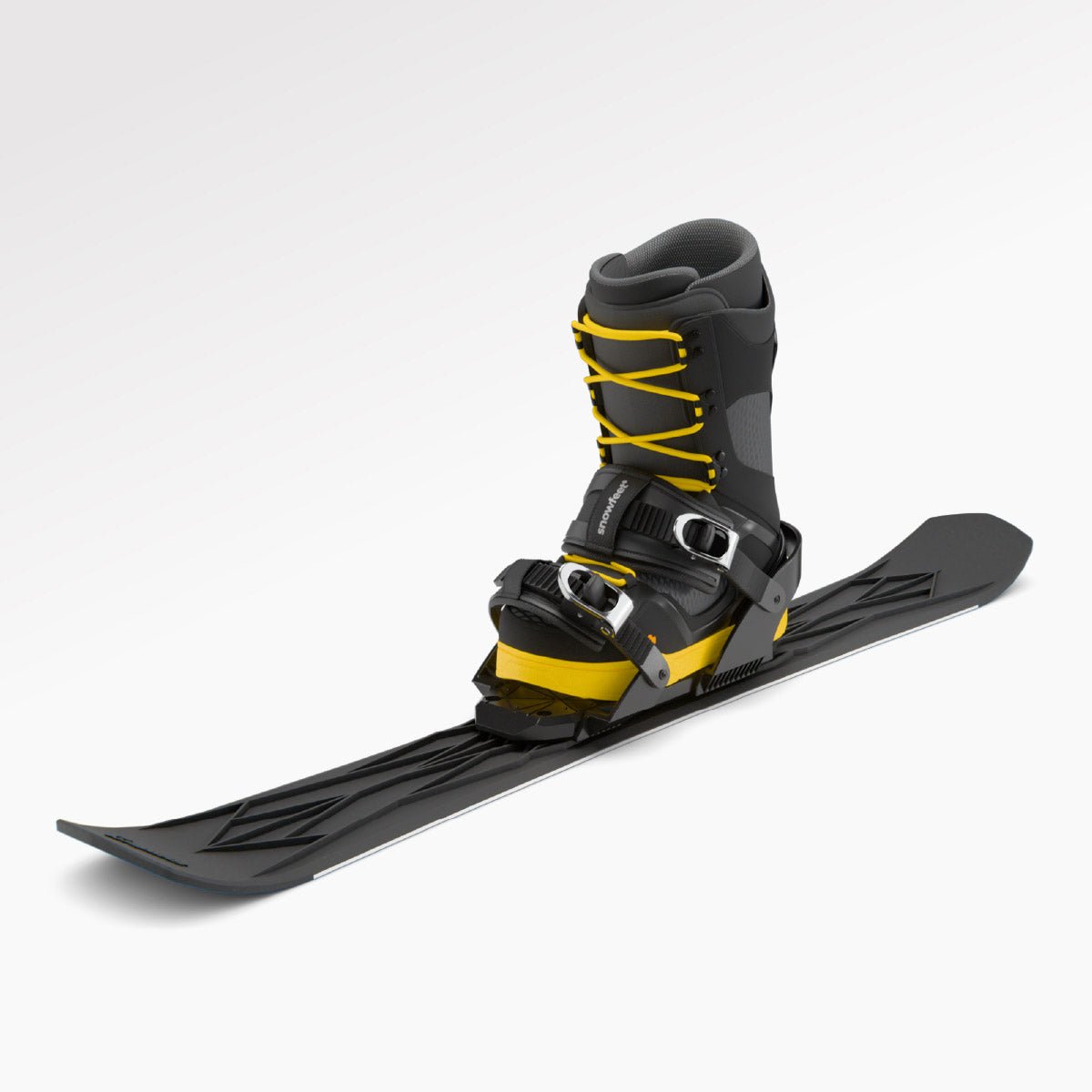 Skiblades Pair of black short skis Snowfeet with snowboard bindings and snowboard boots on a white background