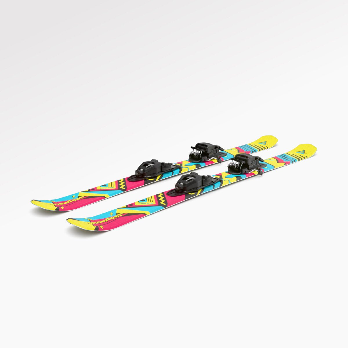 Colorful skis with bindings on a white background.

Skiblades Skiboards Snowblades Short Mini Skis - snowfeet* 120 CM, Product photo, wood core skis, pro ski binding, retro color. 