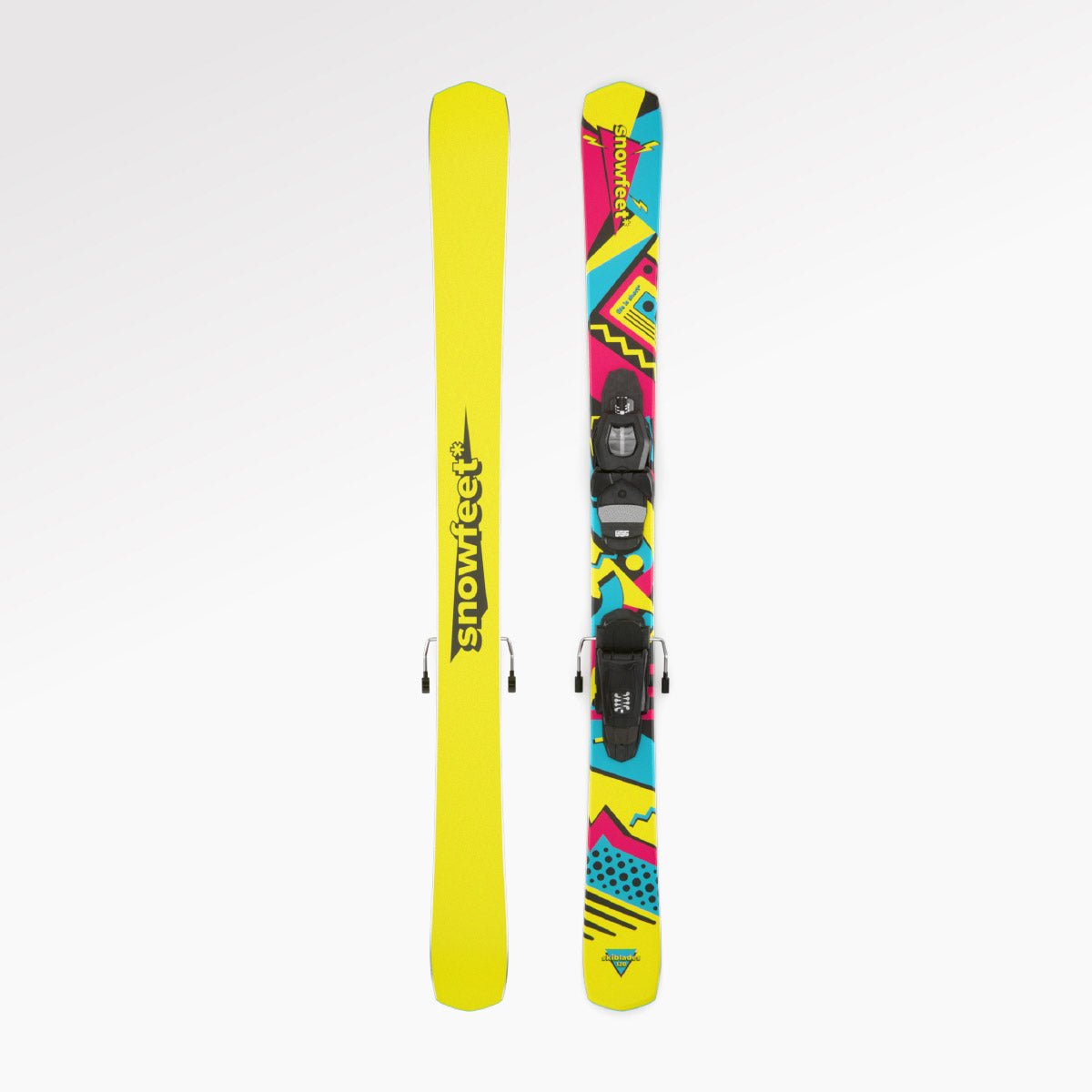 Yellow skis with colorful bindings on a white background.

Skiblades Skiboards Snowblades Short Mini Skis - snowfeet* 120 CM, Product photo, wood core skis, pro ski binding, retro color. 