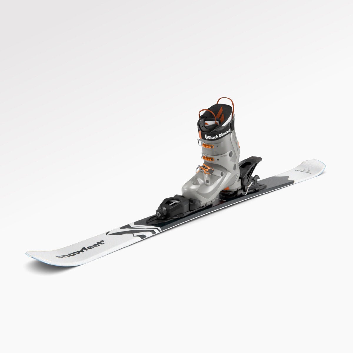 Ski with bindings on a white background.

Skiboards Snowblades Short Mini Skis - snowfeet* 120 CM, Product photo, wood core skis, pro ski binding, white mountain color. With ski boot