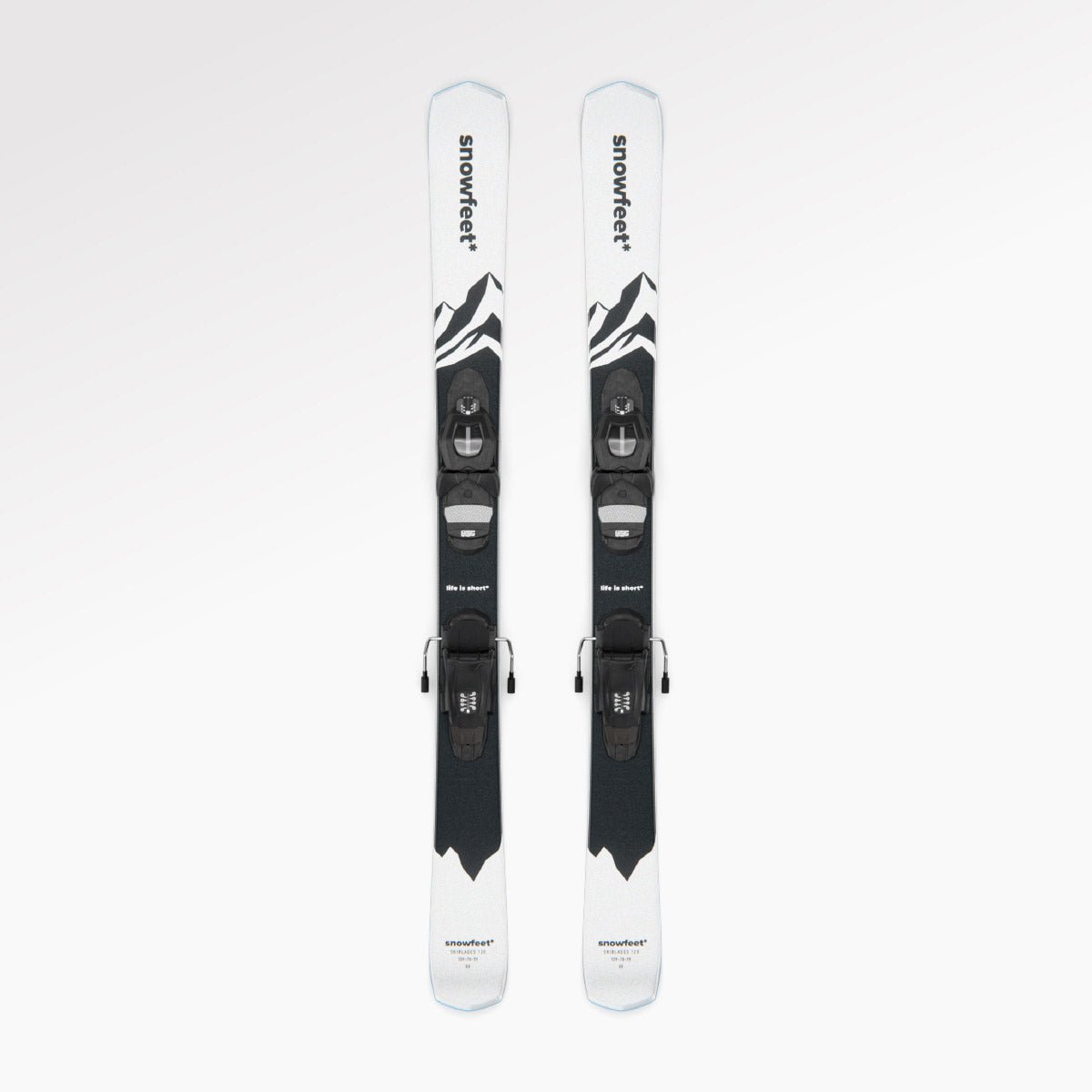 Skiblades Skiboards Snowblades Short Mini Skis - snowfeet* 120 CM, Product photo, wood core skis, pro ski binding, white mountain color. 