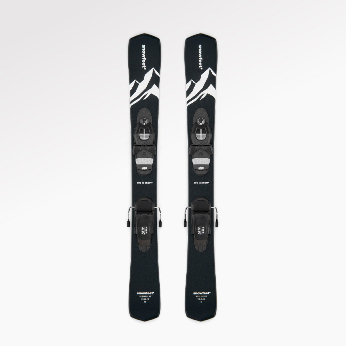 Skiblades Skiboards Snowblades Short Mini Skis - snowfeet* 99CM. Product photo, wood core skis, simple ski binding, black mountain color. #Model_Snowfeet 99 CM#Binding_Ski#Color_Black|Mountain Black#TopDown