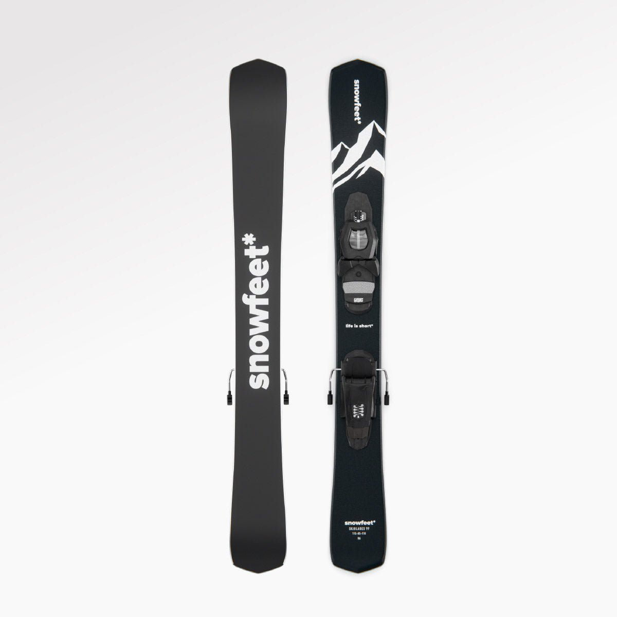 Skiblades Skiboards Snowblades Short Mini Skis - snowfeet* 99CM. Product photo, wood core skis, simple ski binding, black mountain color.

#Binding_Ski#Color_Black|Mountain Black