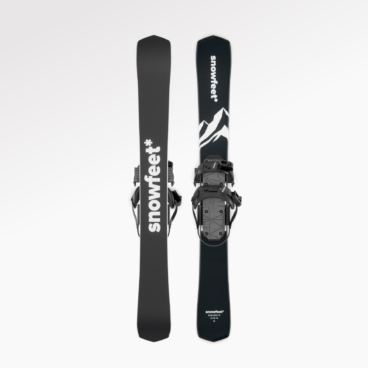 Skiblades Skiboards Snowblades Short Mini Skis - snowfeet* 99CM. Product photo, wood core skis, snowboard binding, black mountain color.

#Binding_Snowboard#Color_Black|Mountain Black
