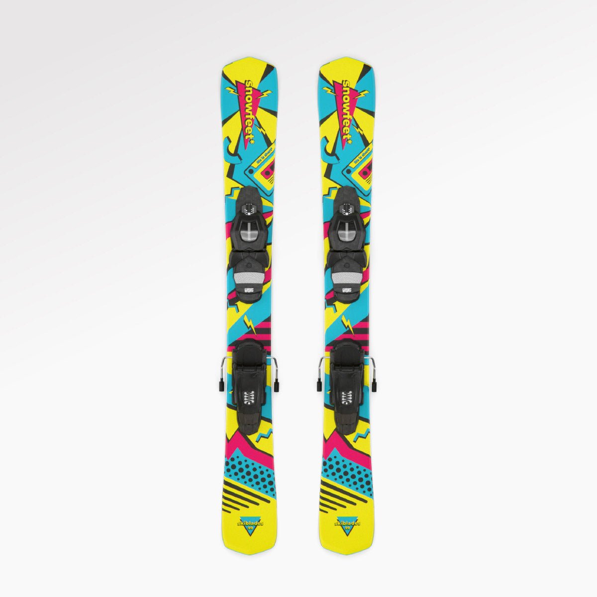 Skiblades Skiboards Snowblades Short Mini Skis - snowfeet* 99CM. Product photo, wood core skis, pro ski binding, retro color.  #Model_Snowfeet 99 CM#Binding_Pro Ski#Color_Retro#TopDown