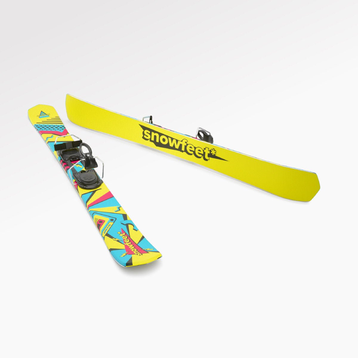 Skiblades Skiboards Snowblades Short Mini Skis - snowfeet* 99CM. Product photo, wood core skis, simple ski binding, retro color. 

#Binding_Ski#Color_Retro