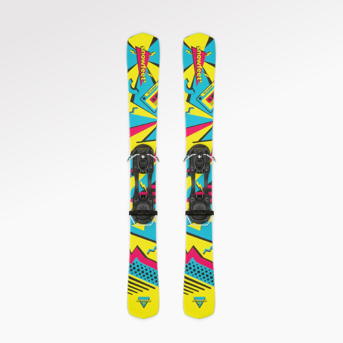 Skiblades Skiboards Snowblades Short Mini Skis - snowfeet* 99CM. Product photo, wood core skis, simple ski binding, retro color.  #Model_Snowfeet 99 CM#Binding_Ski#Color_Retro#TopDown
