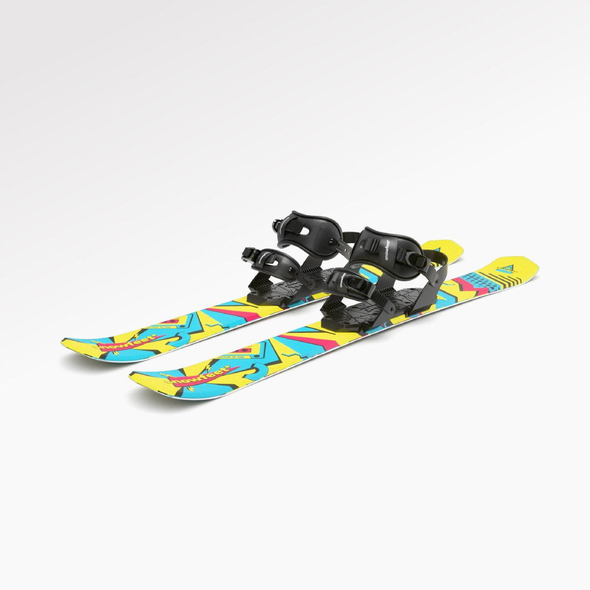 Skiblades Skiboards Snowblades Short Mini Skis - snowfeet* 99CM. Product photo, wood core skis, snowboard binding, retro color. 

#Binding_Snowboard