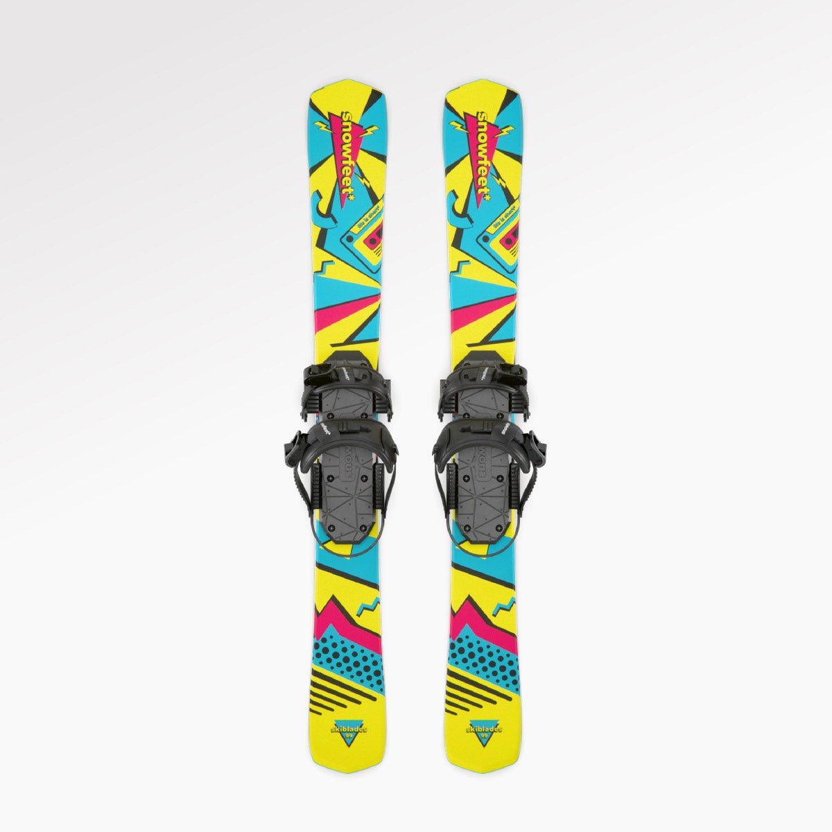 Skiblades Skiboards Snowblades Short Mini Skis - snowfeet* 99CM. Product photo, wood core skis, snowboard binding, retro color.  #Model_Snowfeet 99 CM#Binding_Snowboard#Color_Retro#TopDown