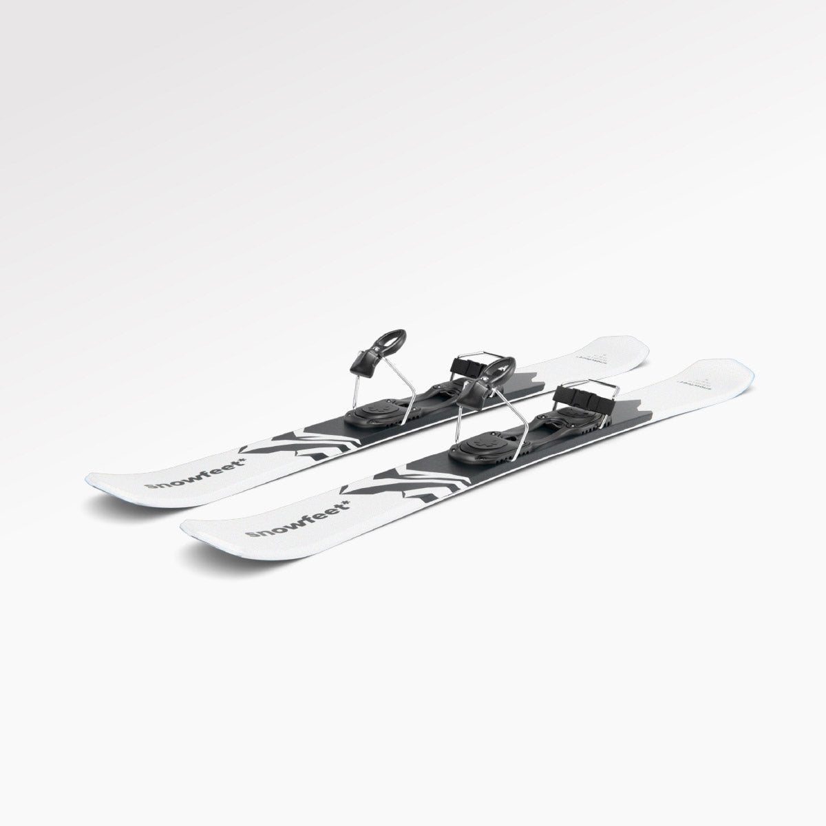 Skiblades Skiboards Snowblades Short Mini Skis - snowfeet* 99CM. Product photo, wood core skis, simple ski binding, white mountain color. 

#Binding_Ski