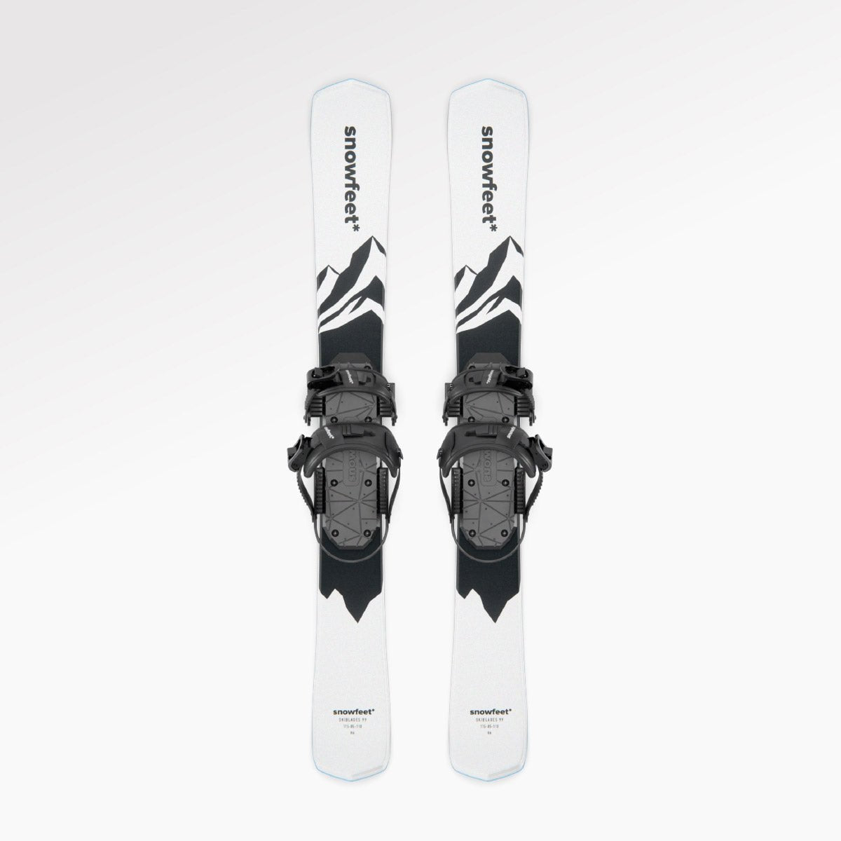 Skiblades Skiboards Snowblades Short Mini Skis - snowfeet* 99CM. Product photo, wood core skis, snowboard binding, white mountain color.  #Model_Snowfeet 99 CM#Binding_Snowboard#Color_White|Mountain White#TopDown