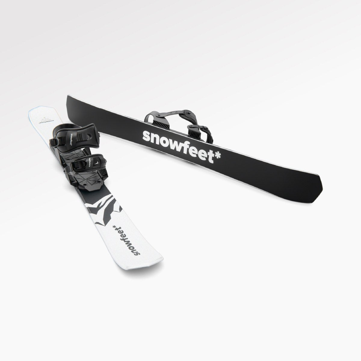 Skiblades Skiboards Snowblades Short Mini Skis - snowfeet* 99CM. Product photo, wood core skis, snowboard binding, white mountain color. 

#Binding_Snowboard#Color_White|Mountain White