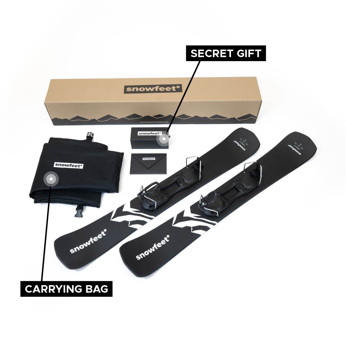 Skiblades Snowfeet 99 powder version unboxed photo. Snowfeet ski equipment set with packaging on a white background.