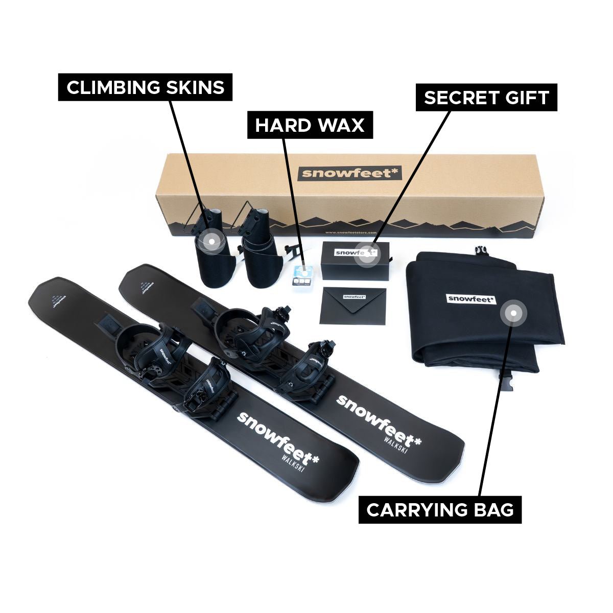Snowboarding equipment set with climbing skins, hard wax, and carrying bag on a white background.