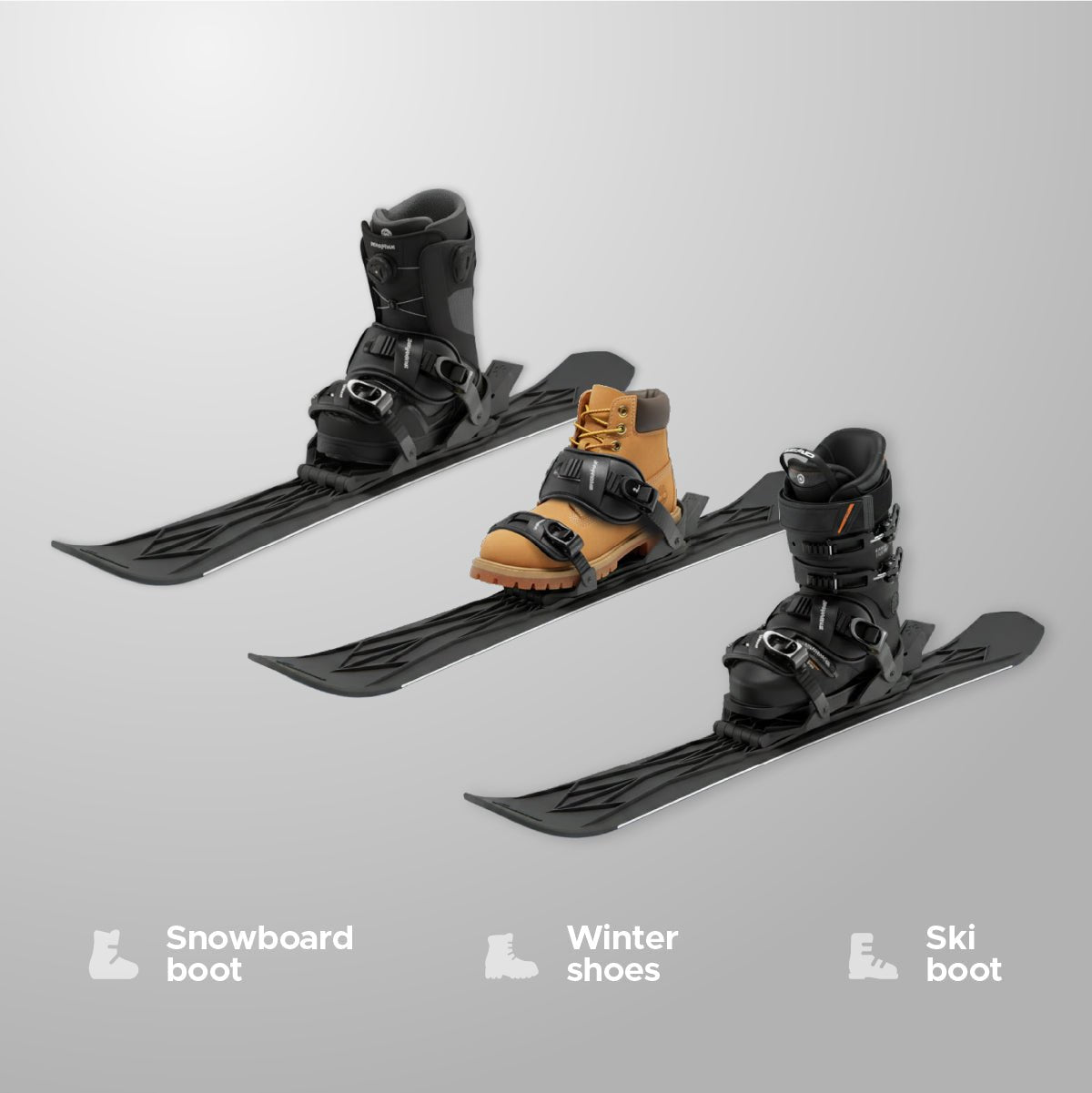 Skiblades Three pairs of ski boots on a gray background with icons indicating snowboard boot, winter shoes, and ski boot.